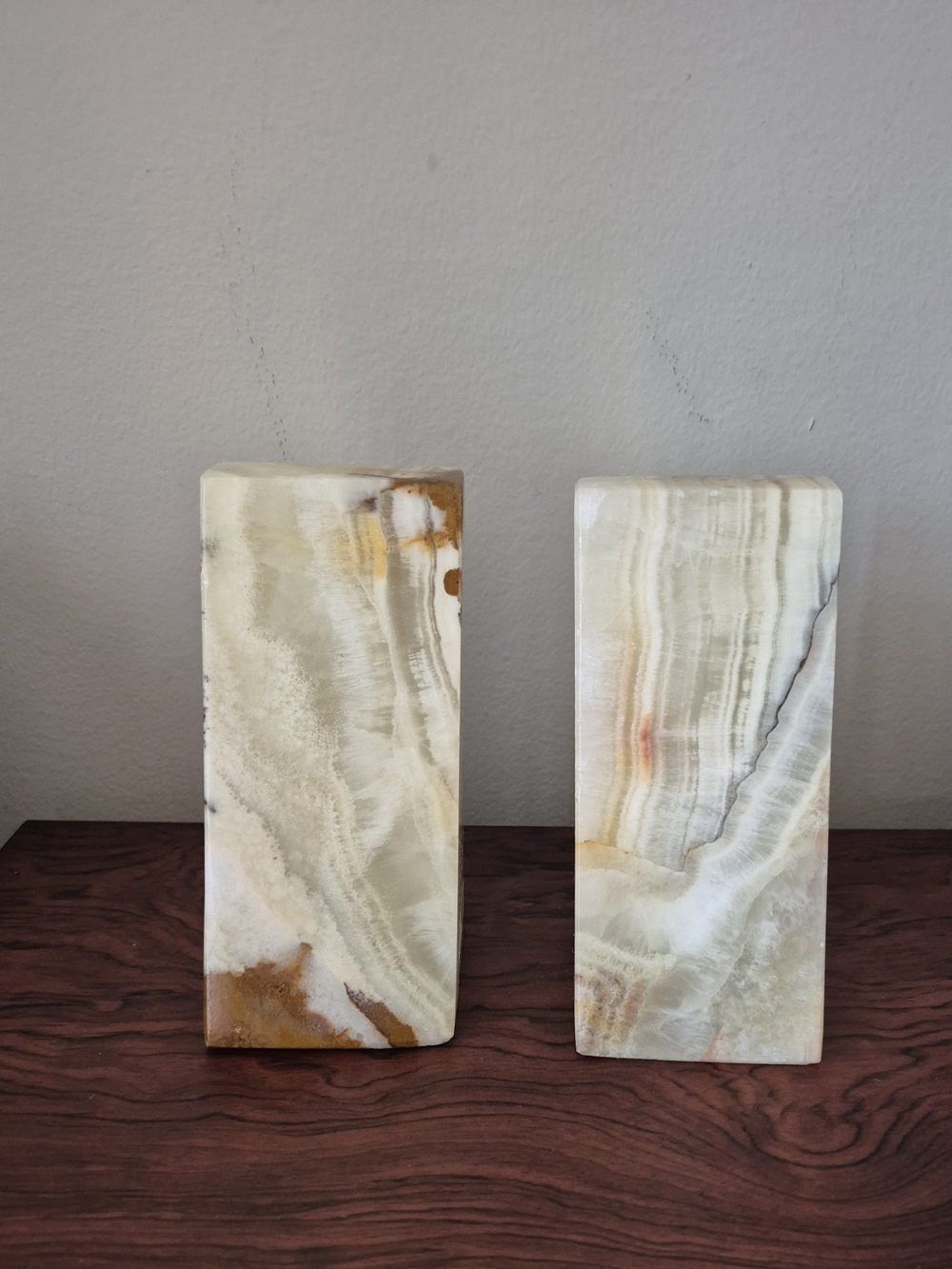 Vintage Onyx Marble Wedge Bookends in Cream and Tan